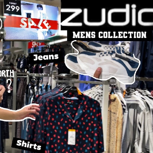 Men’s clothing collection at Zudio featuring shirts, jeans, and footwear